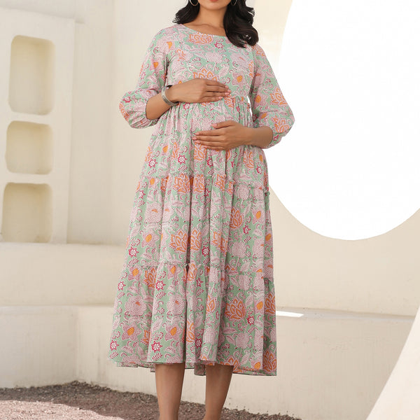 Janasya Light Cotton Floral A-Line Dress