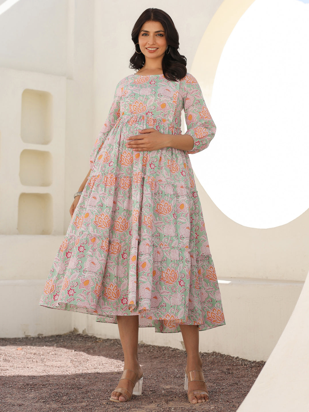 Janasya Light Cotton Floral A-Line Dress