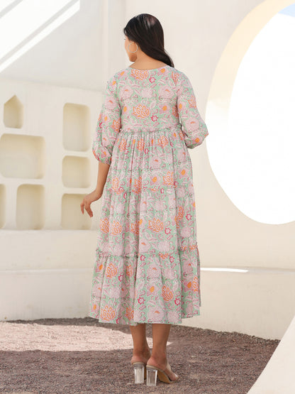 Janasya Light Cotton Floral A-Line Dress - Distacart
