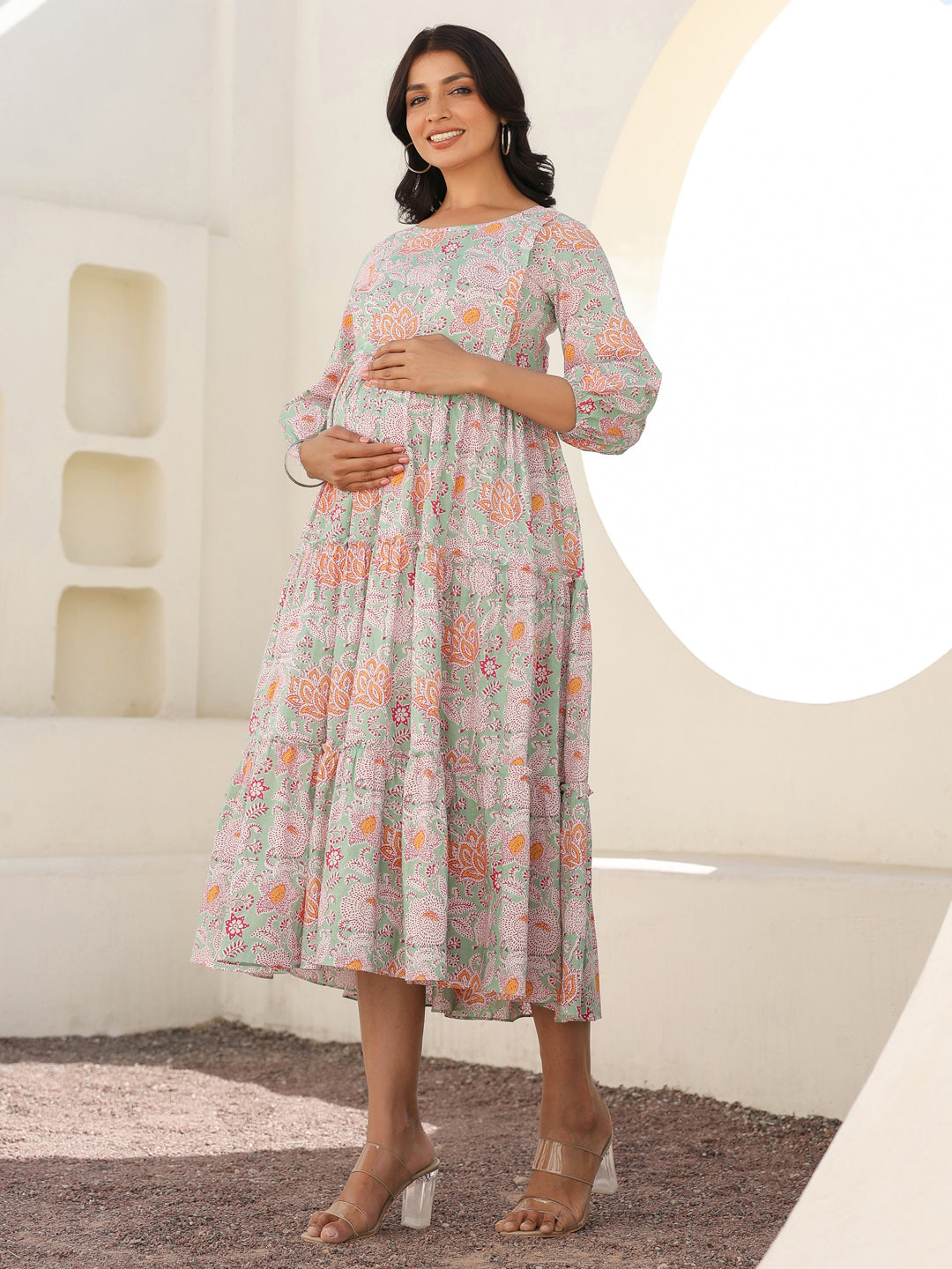 Janasya Light Cotton Floral A-Line Dress