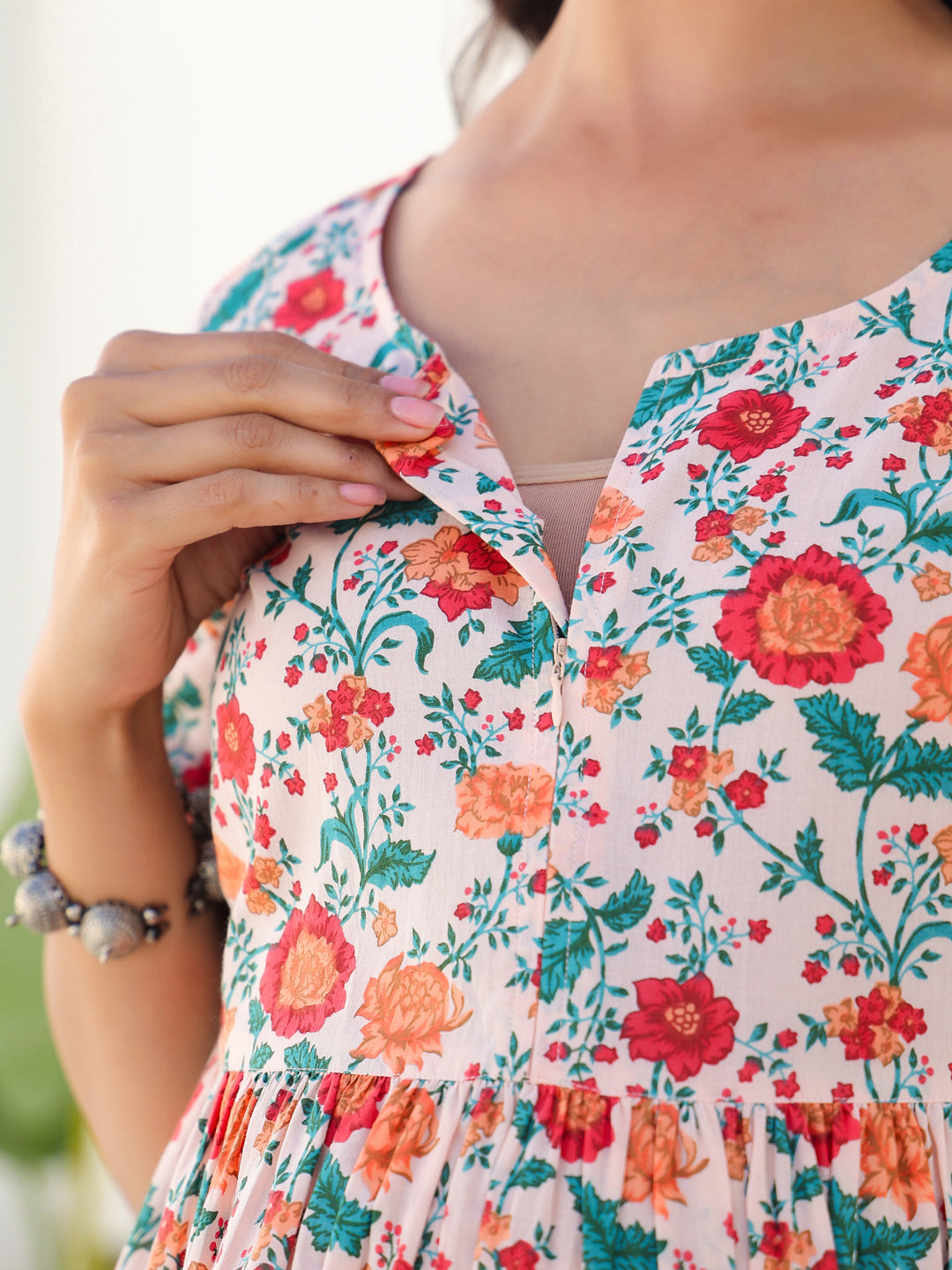 Janasya Bright Cotton Floral Fit & Flare Dress