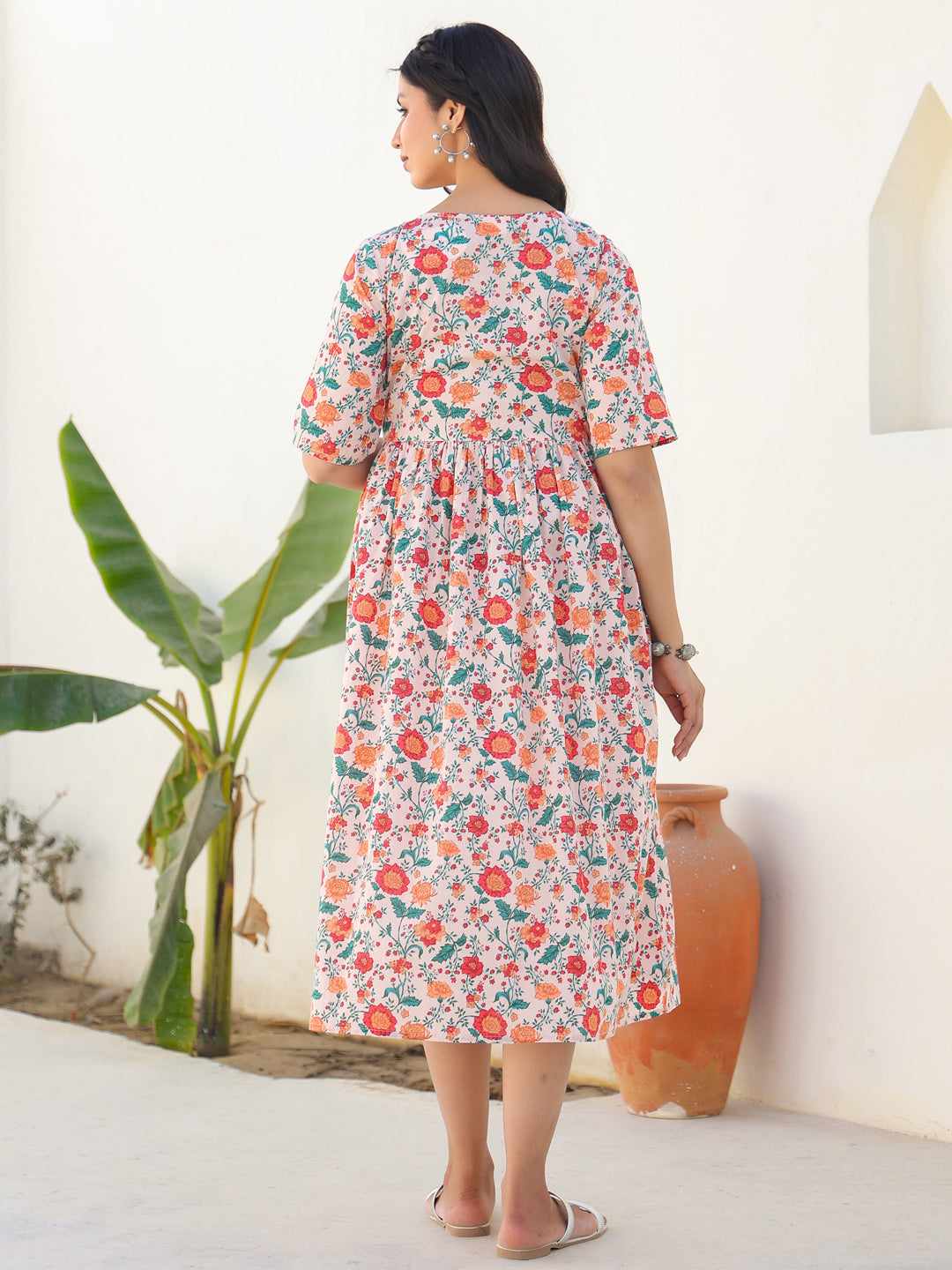 Janasya Bright Cotton Floral Fit & Flare Dress