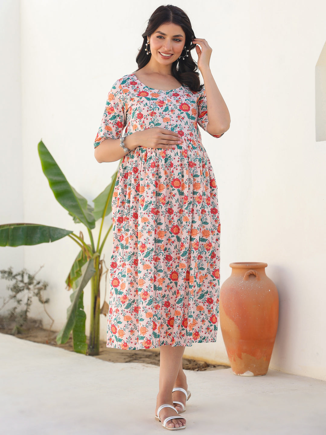 Janasya Bright Cotton Floral Fit & Flare Dress