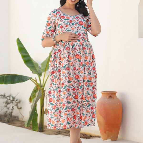Janasya Bright Cotton Floral Fit & Flare Dress