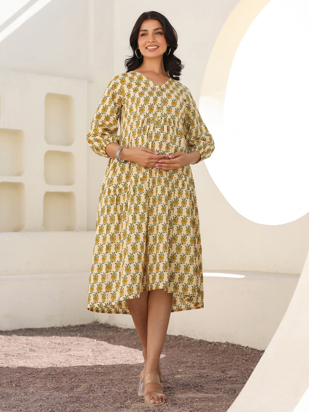 Janasya Light Cotton Floral A-Line Dress