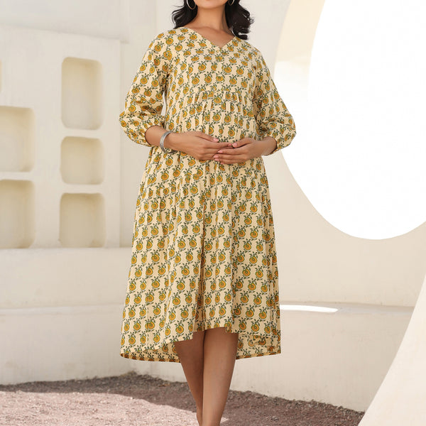 Janasya Light Cotton Floral A-Line Dress