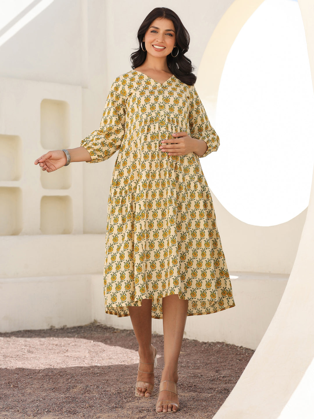 Janasya Light Cotton Floral A-Line Dress