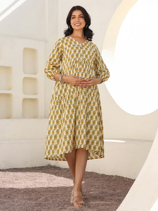 Janasya Light Cotton Floral A-Line Dress