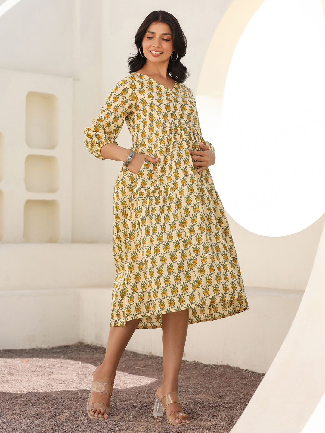 Janasya Light Cotton Floral A-Line Dress