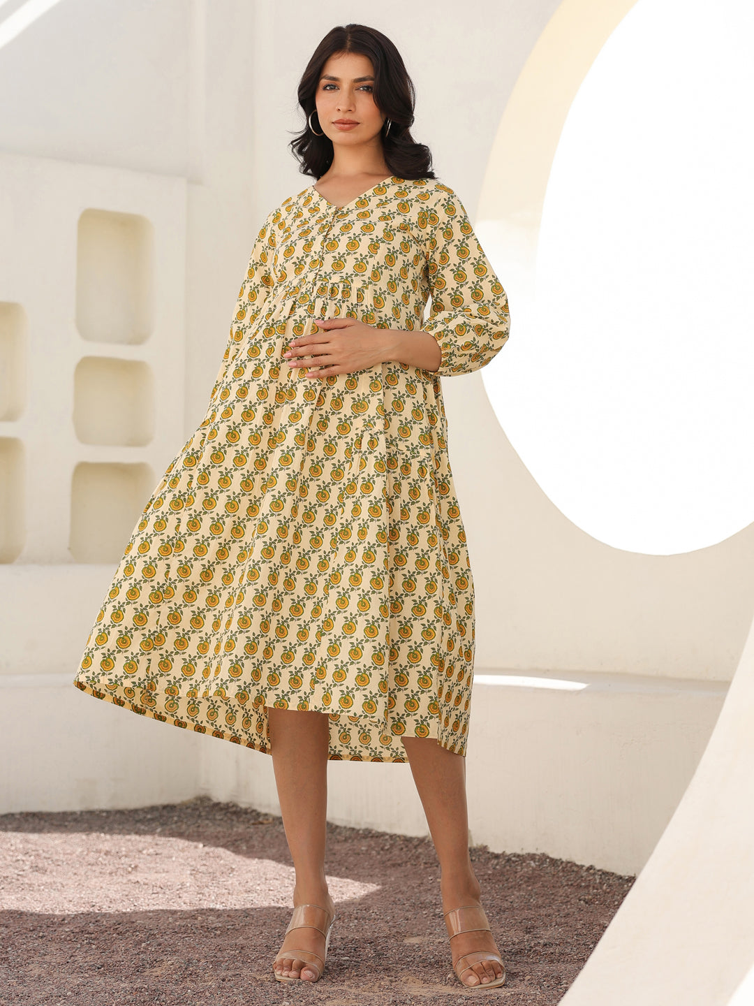Janasya Light Cotton Floral A-Line Dress