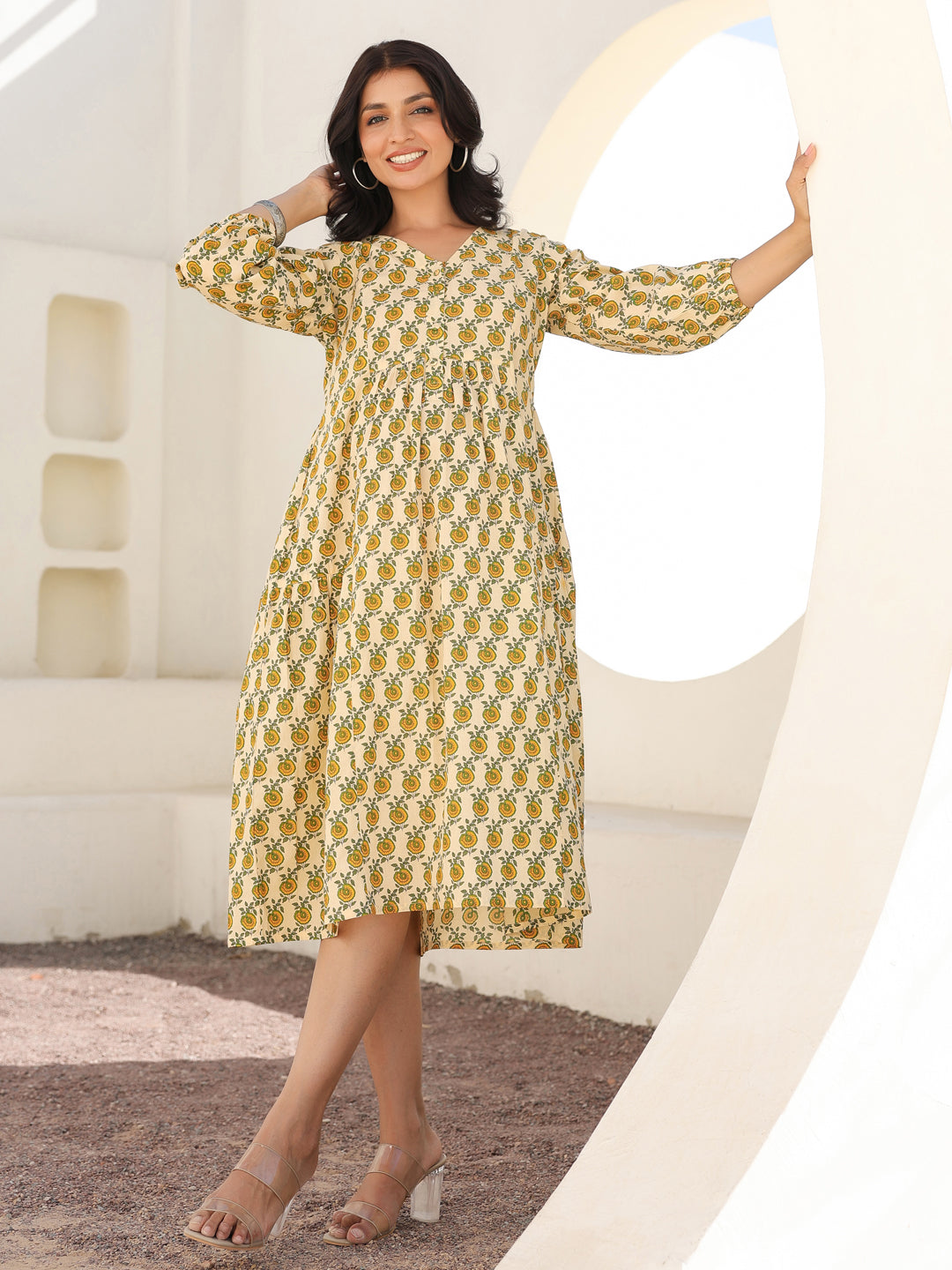 Janasya Light Cotton Floral A-Line Dress