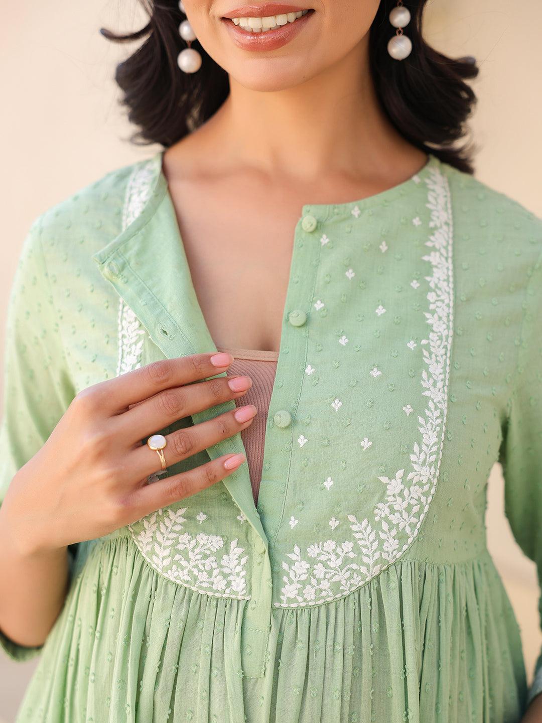 Janasya Light Dobby Cotton Yoke Embroidery A-Line Kurta Set