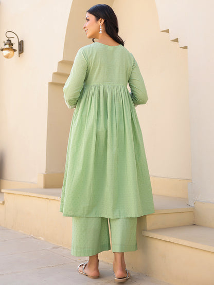 Janasya Light Dobby Cotton Yoke Embroidery A-Line Kurta Set - Distacart