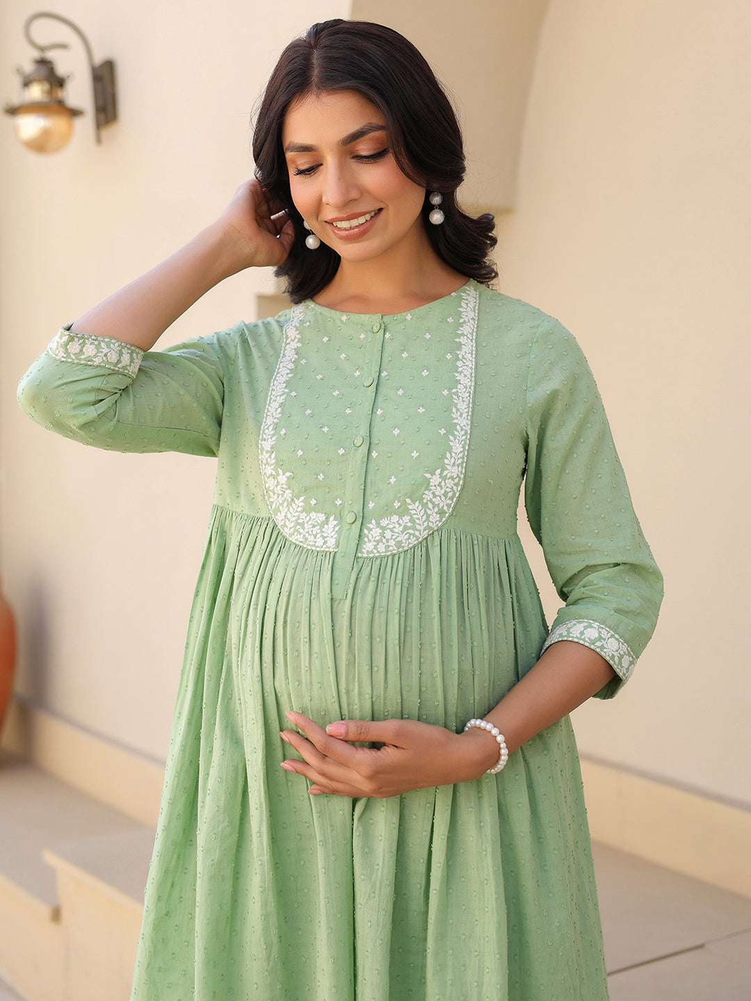 Janasya Light Dobby Cotton Yoke Embroidery A-Line Kurta Set - Distacart