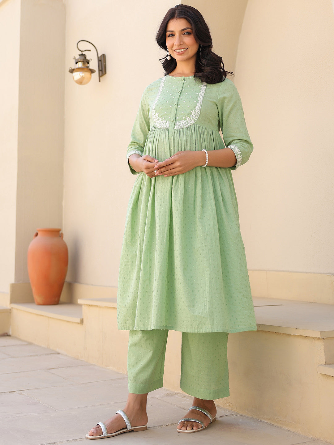 Janasya Light Dobby Cotton Yoke Embroidery A-Line Kurta Set - Distacart