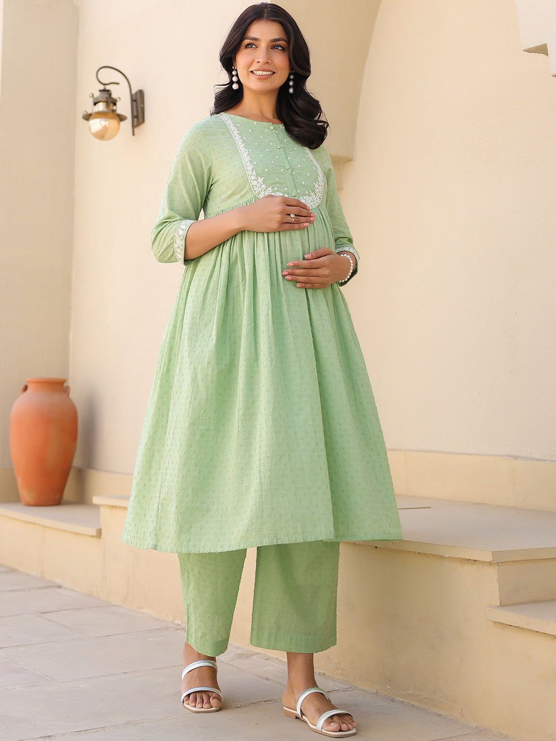 Janasya Light Dobby Cotton Yoke Embroidery A-Line Kurta Set - Distacart