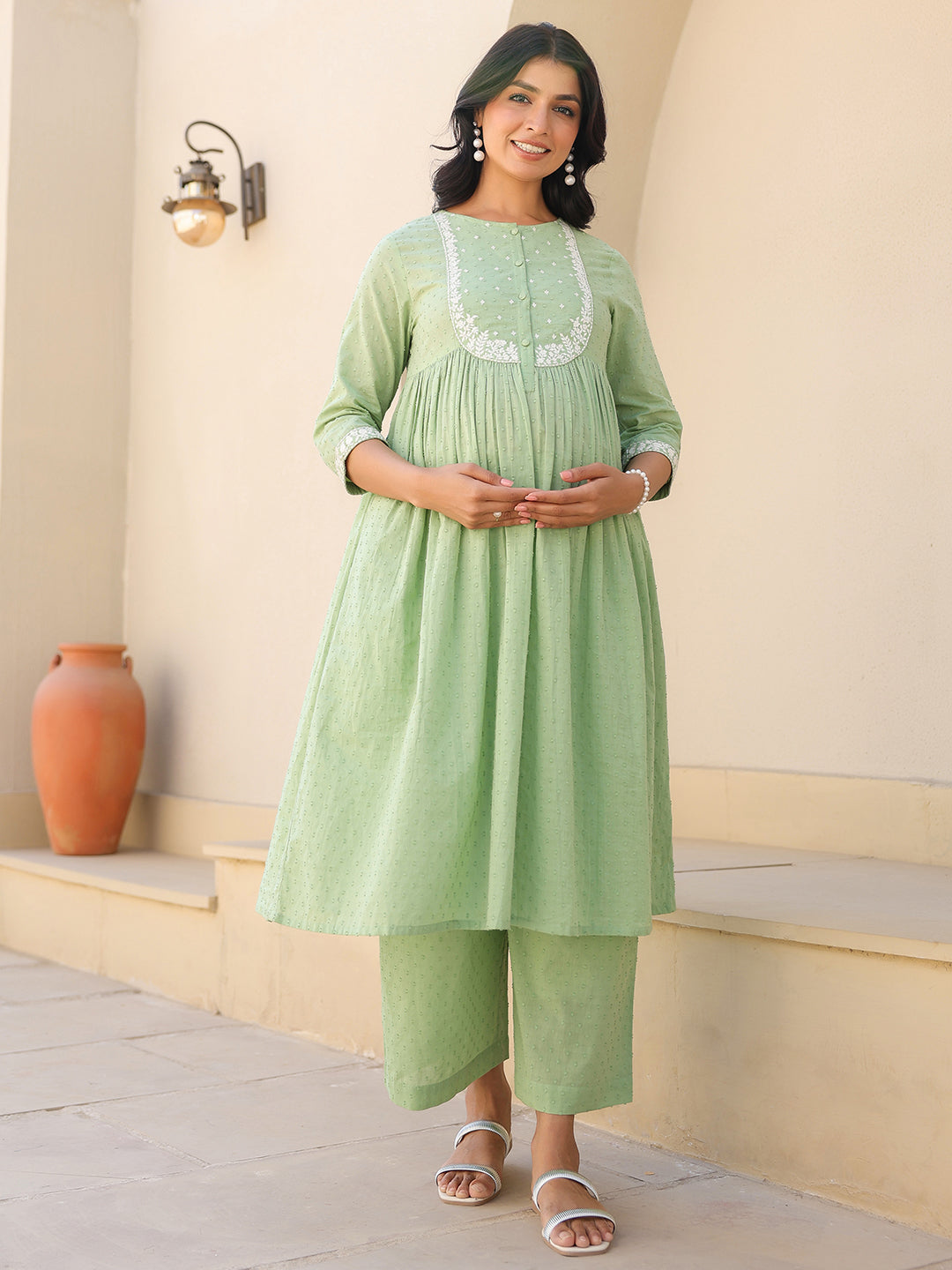 Janasya Light Dobby Cotton Yoke Embroidery A-Line Kurta Set