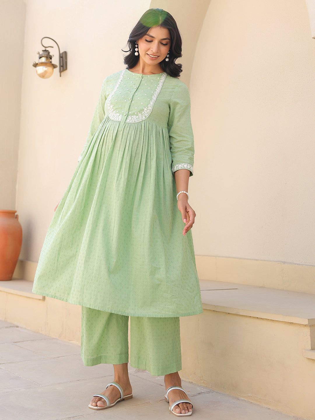Janasya Light Dobby Cotton Yoke Embroidery A-Line Kurta Set - Distacart