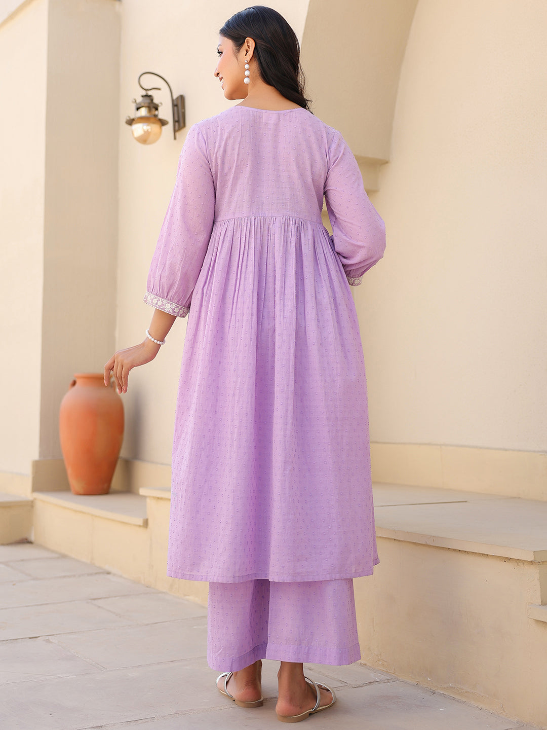 Janasya Bright Dobby Cotton Yoke Embroidery A-Line Kurta Set