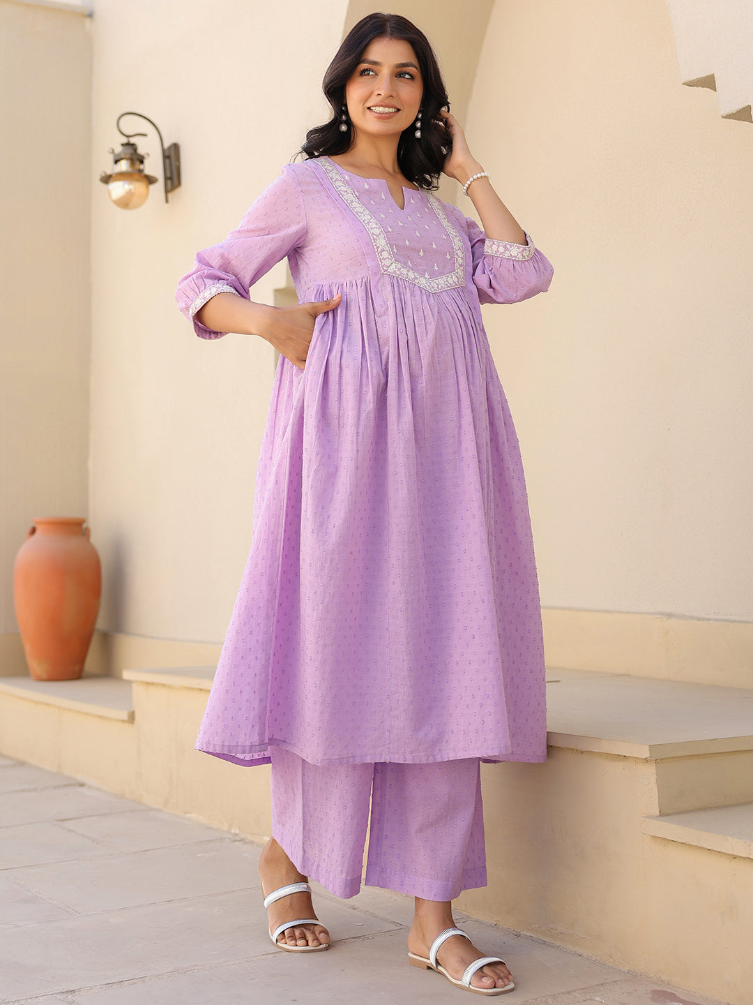 Janasya Bright Dobby Cotton Yoke Embroidery A-Line Kurta Set