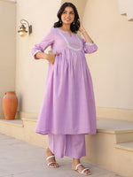 Thumbnail for Janasya Bright Dobby Cotton Yoke Embroidery A-Line Kurta Set