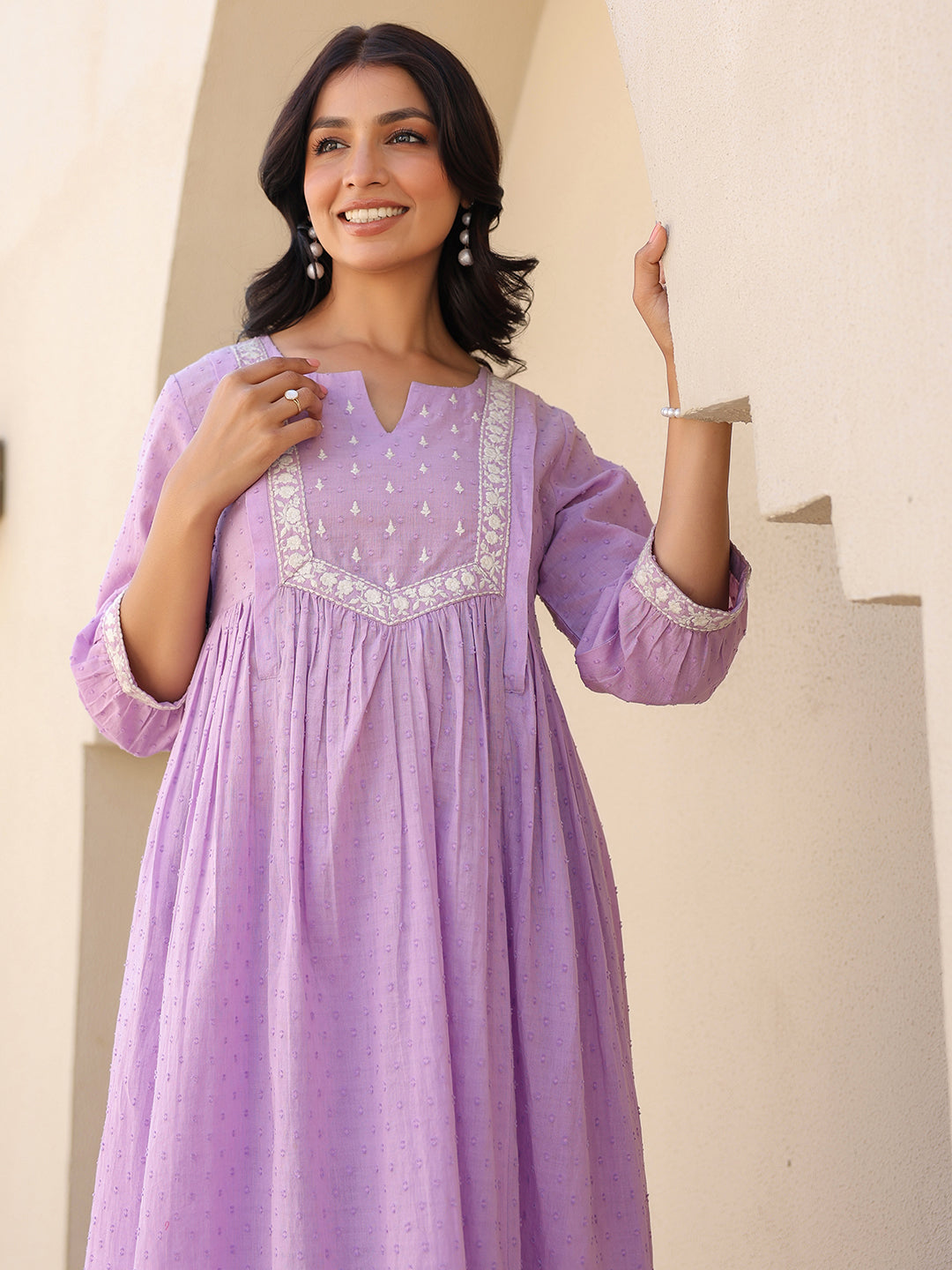 Janasya Bright Dobby Cotton Yoke Embroidery A-Line Kurta Set