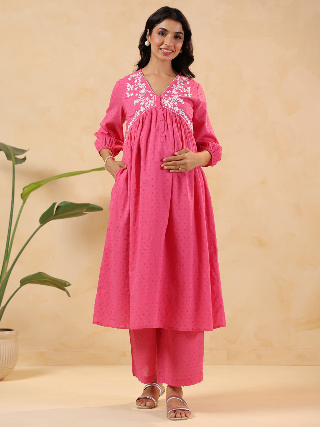 Janasya Light Dobby Cotton Yoke Embroidery A-Line Kurta Set