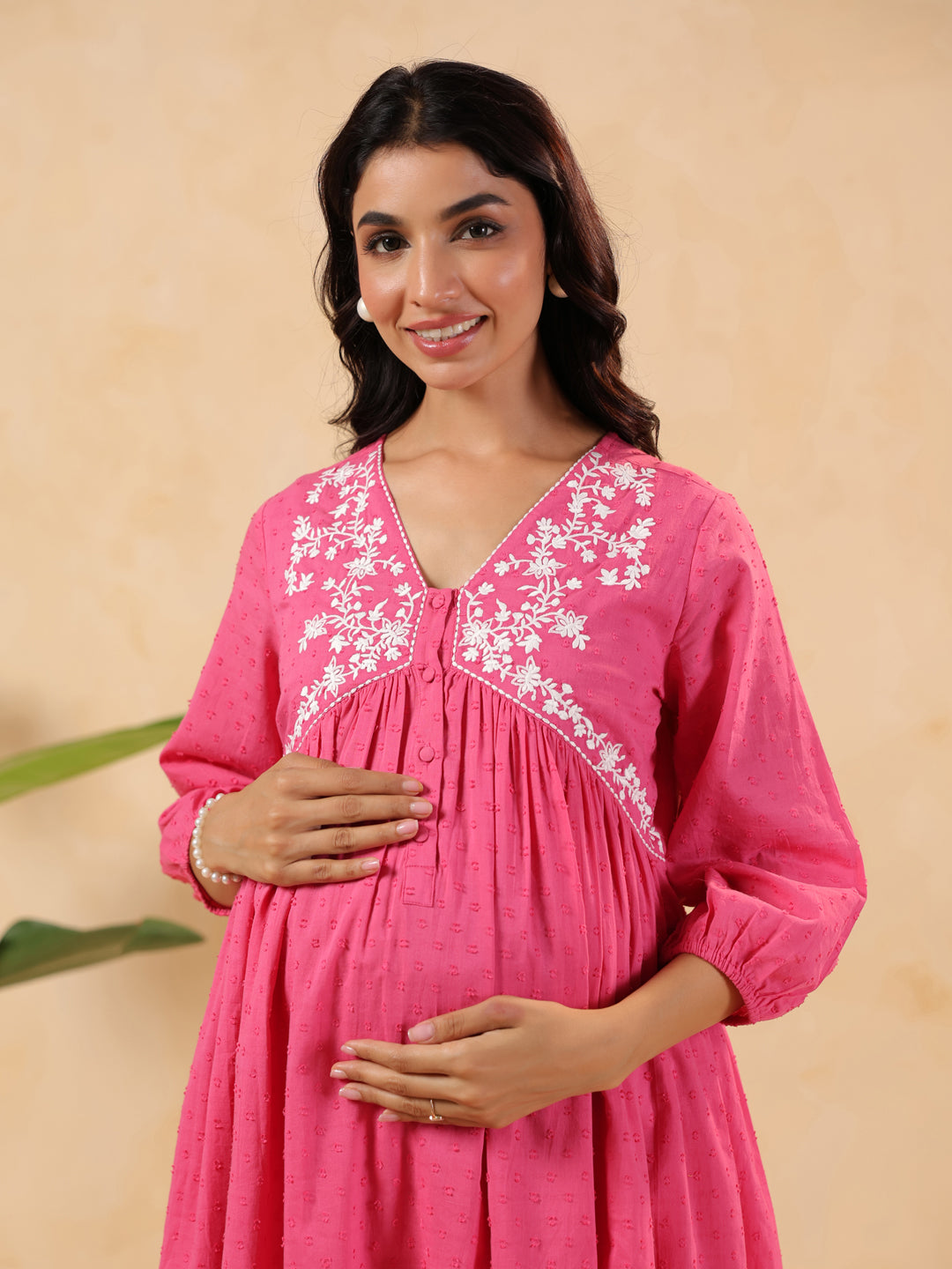 Janasya Light Dobby Cotton Yoke Embroidery A-Line Kurta Set
