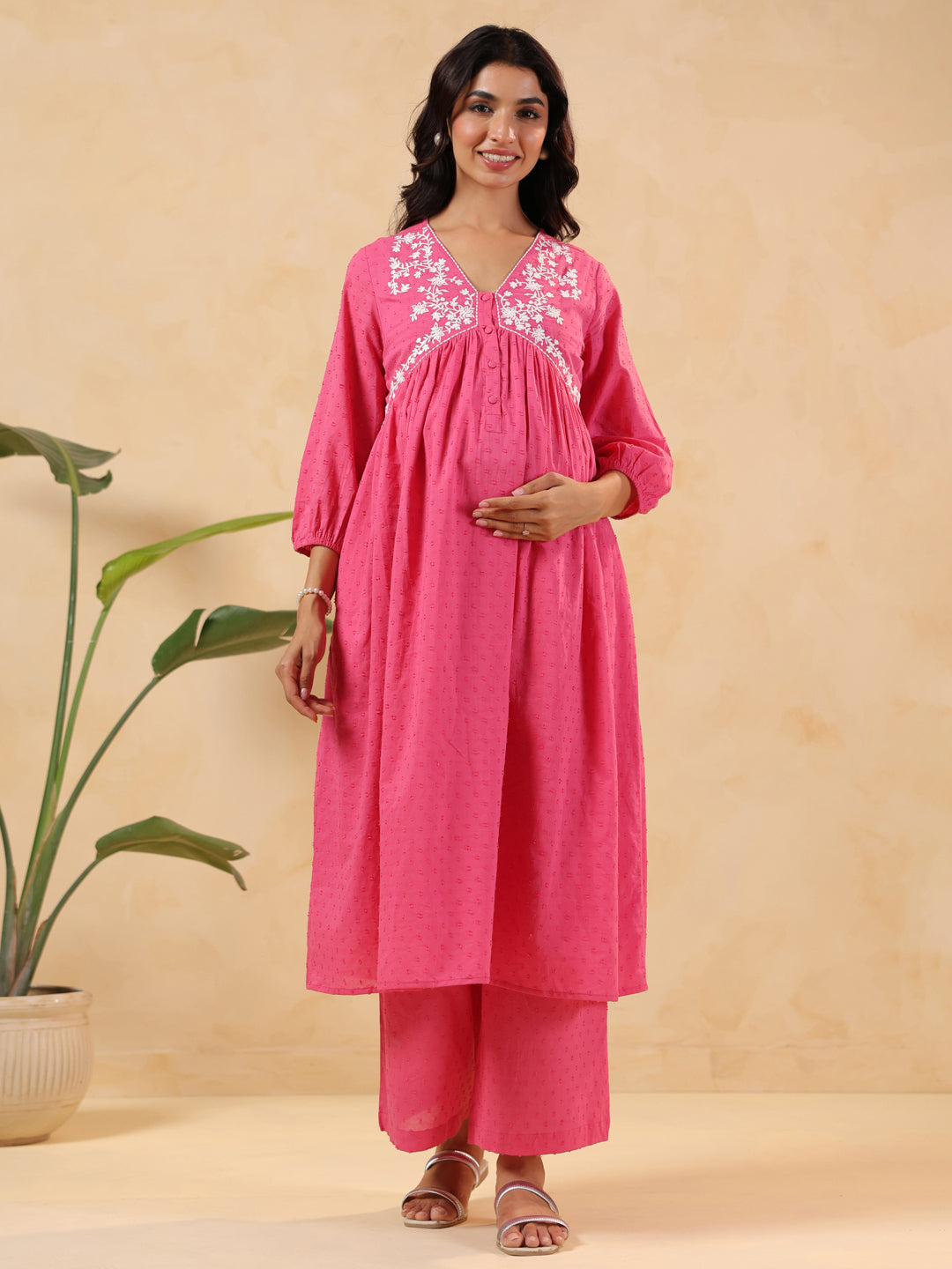 Janasya Light Dobby Cotton Yoke Embroidery A-Line Kurta Set