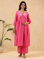 Thumbnail for Janasya Light Dobby Cotton Yoke Embroidery A-Line Kurta Set