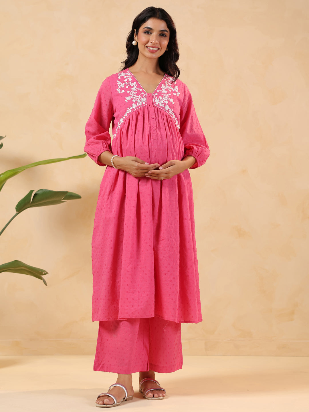 Janasya Light Dobby Cotton Yoke Embroidery A-Line Kurta Set