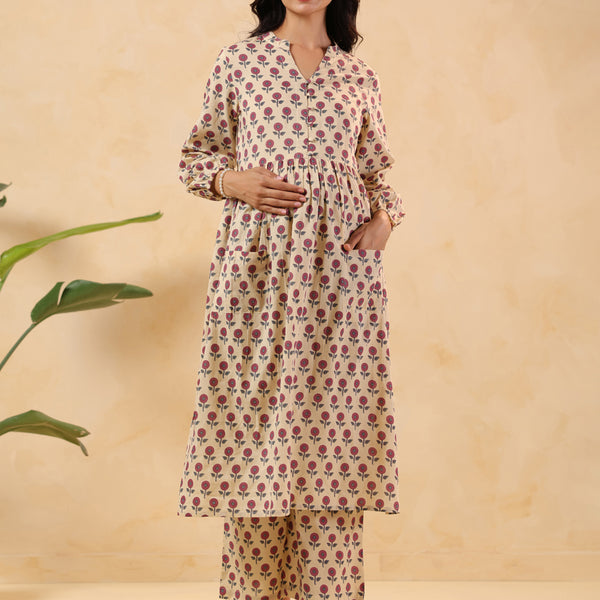 Janasya Light Cotton Floral A-Line Kurta Set