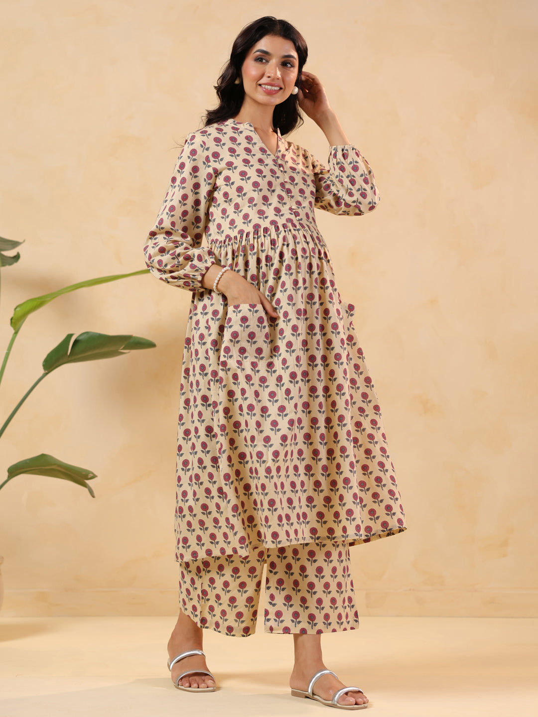 Janasya Light Cotton Floral A-Line Kurta Set