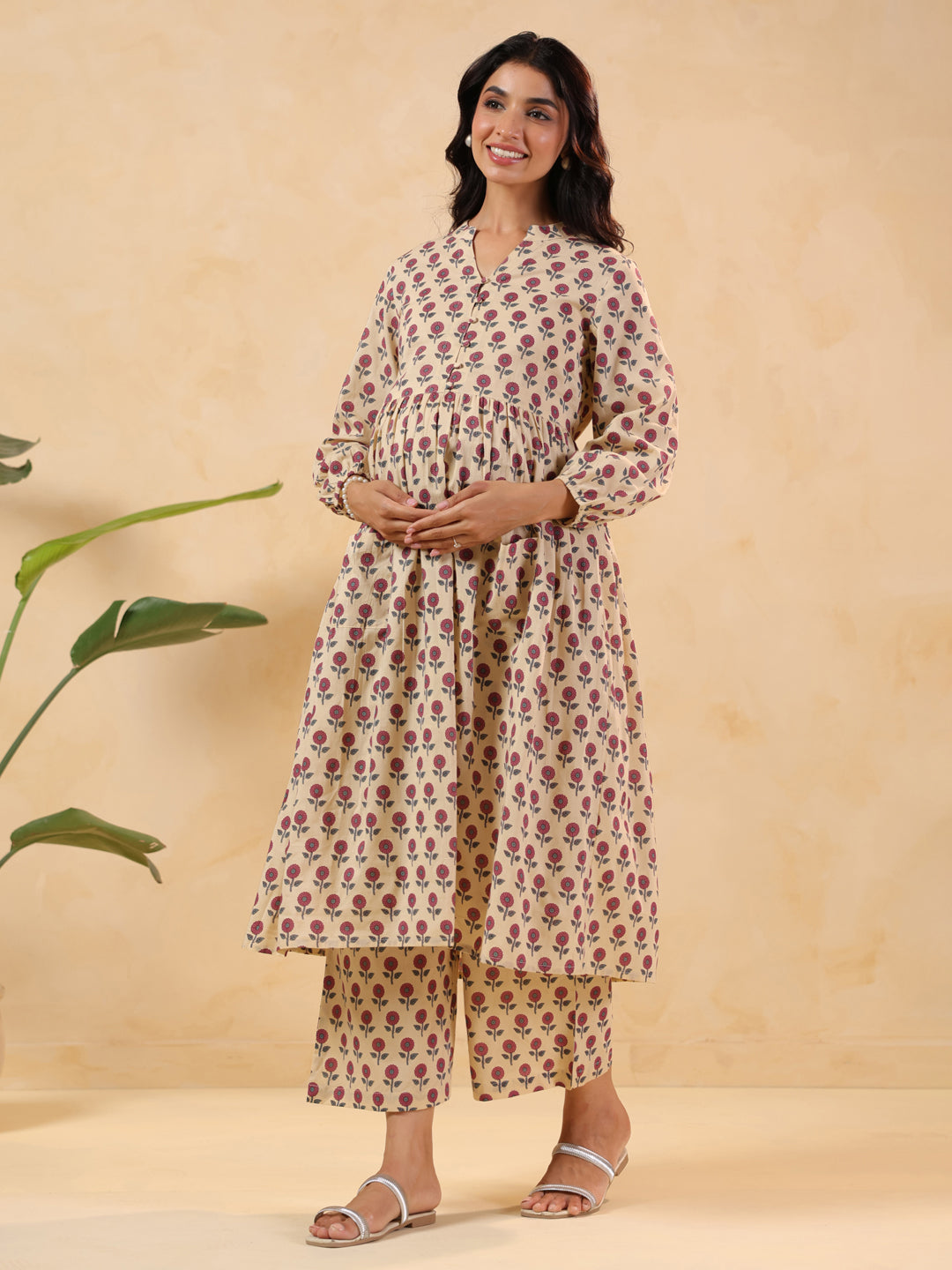 Janasya Light Cotton Floral A-Line Kurta Set