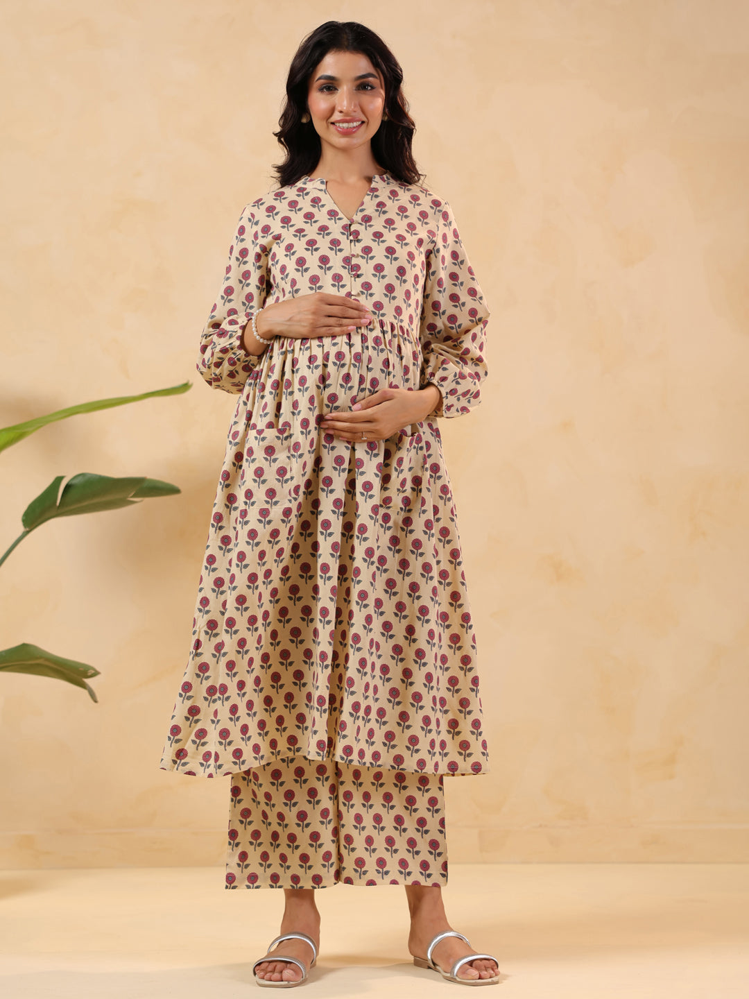 Janasya Light Cotton Floral A-Line Kurta Set