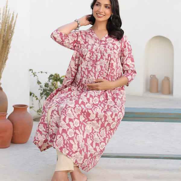 Janasya Light Cotton Floral Gathered Kurta