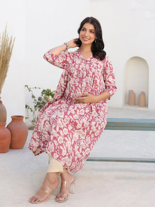 Janasya Light Cotton Floral Gathered Kurta