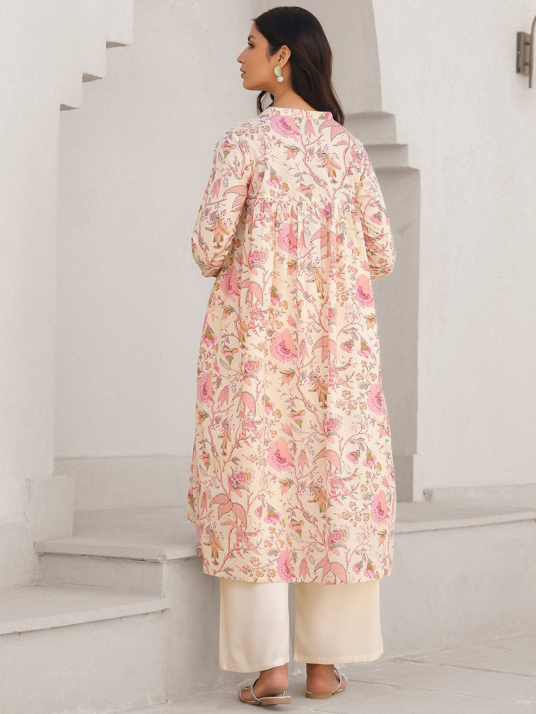 Janasya Light Cotton Floral A-Line Kurta