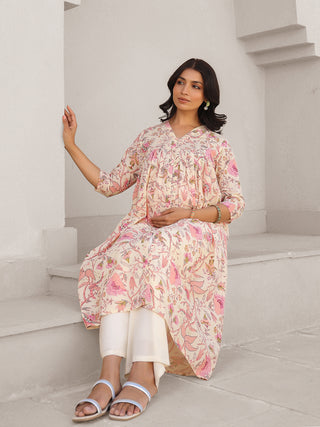 Janasya Light Cotton Floral A-Line Kurta