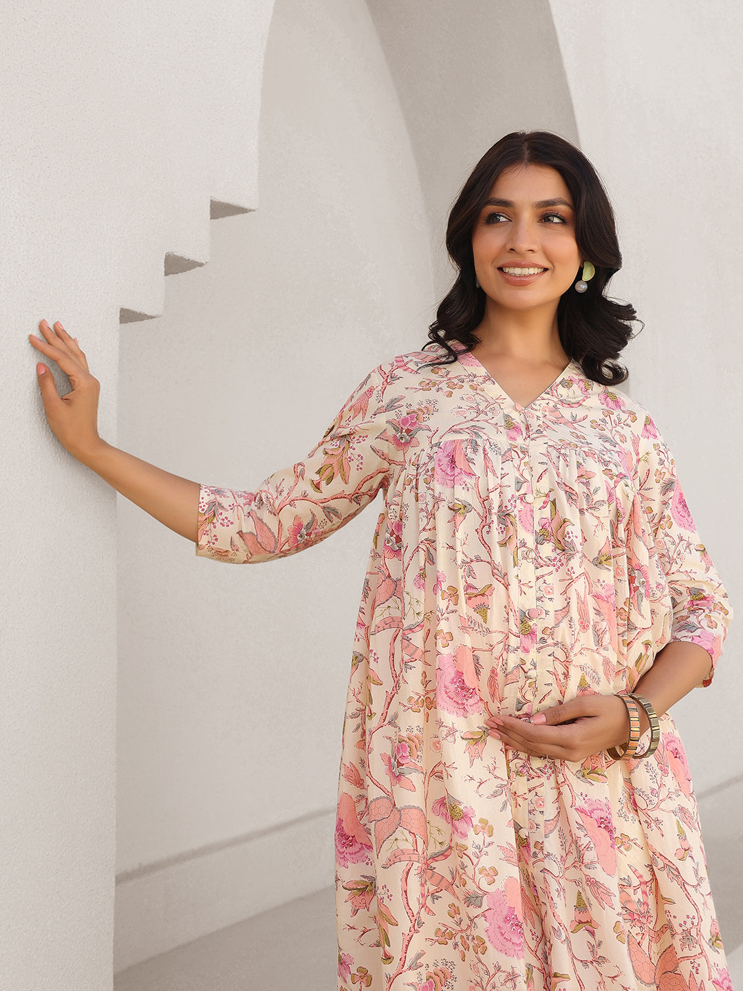 Janasya Light Cotton Floral A-Line Kurta