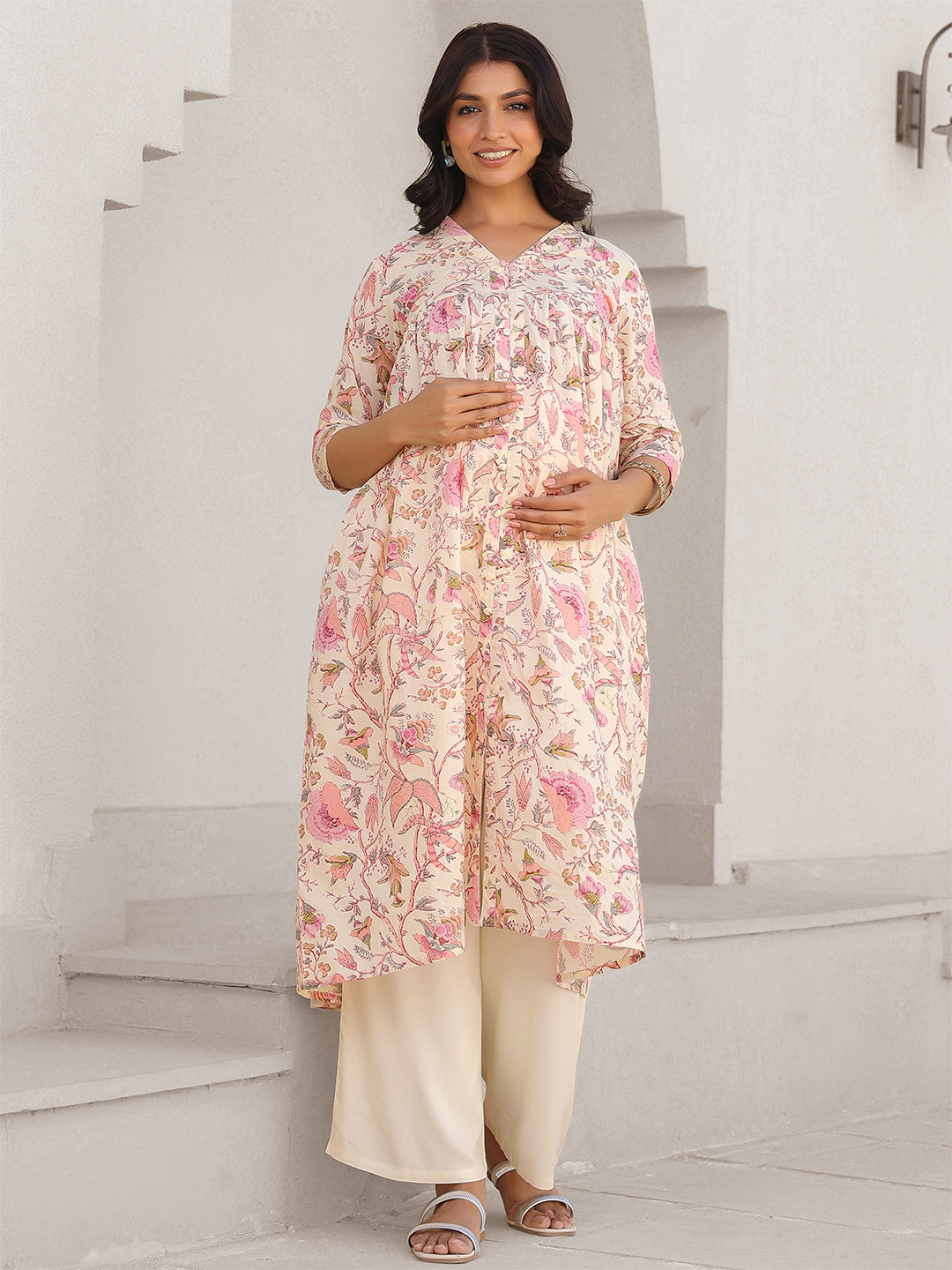 Janasya Light Cotton Floral A-Line Kurta