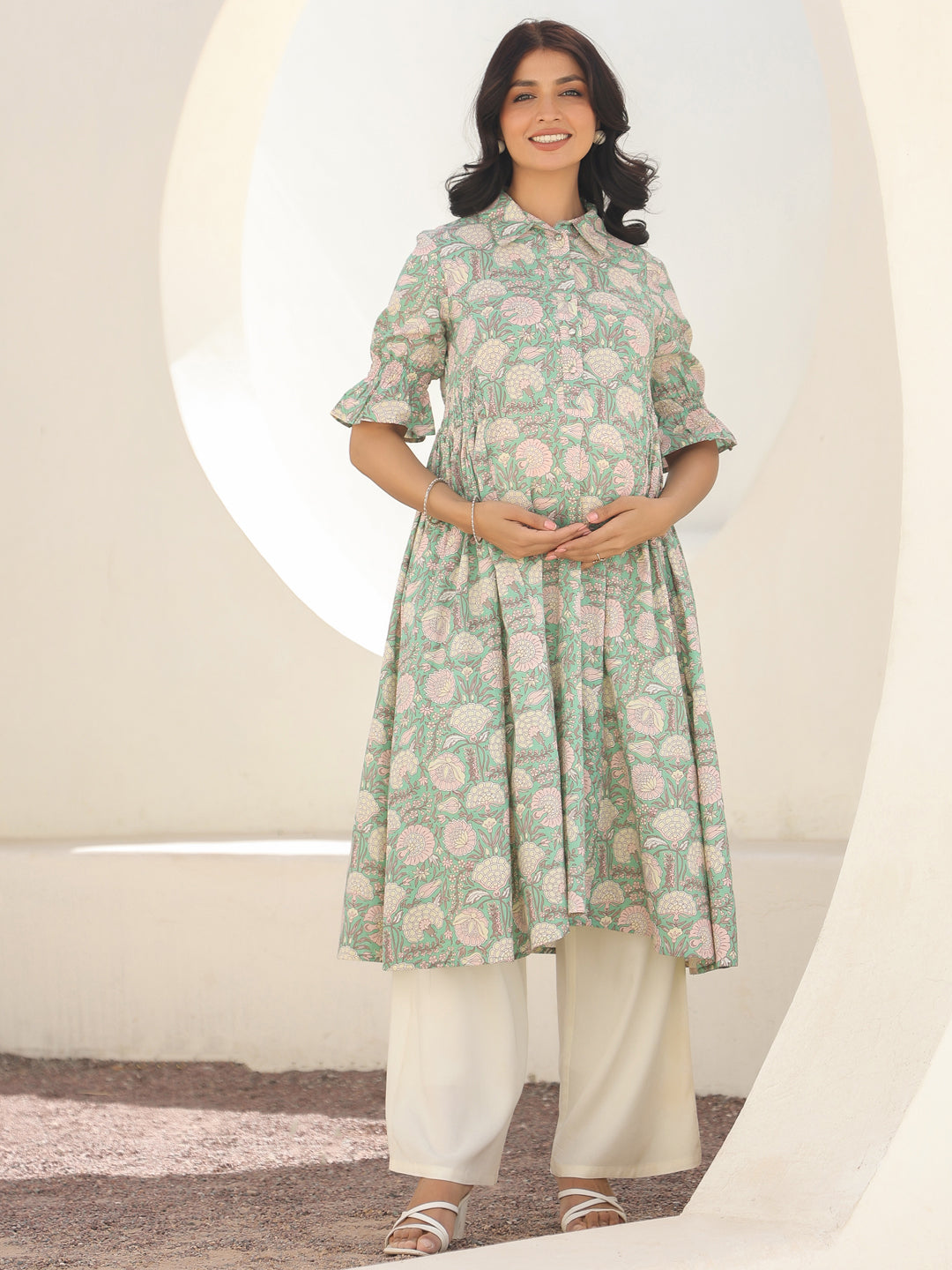 Janasya Light Cotton Floral A-Line Kurta