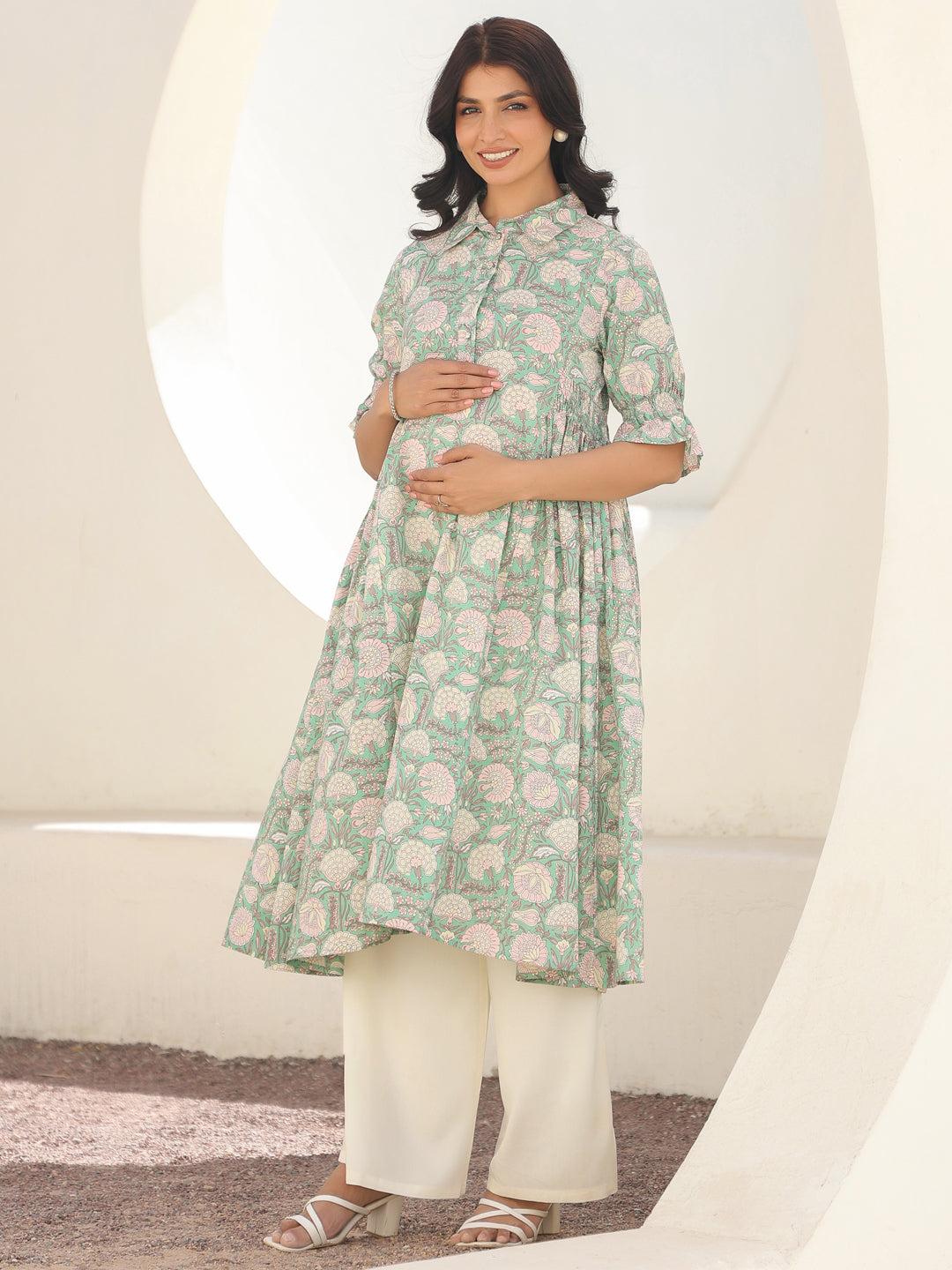 Janasya Light Cotton Floral A-Line Kurta