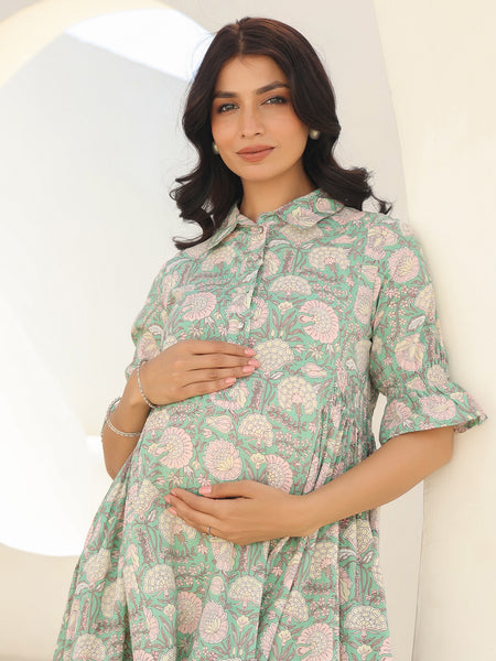 Janasya Light Cotton Floral A-Line Kurta