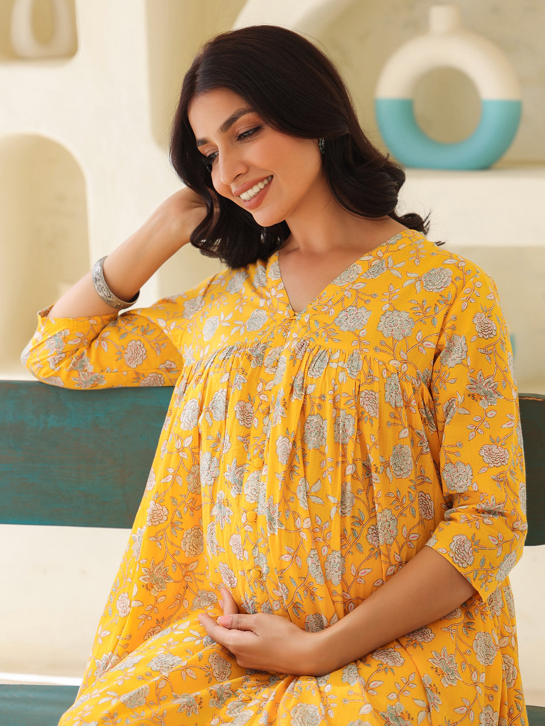 Janasya Bright Cotton Floral Gathered Kurta