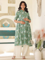 Thumbnail for Janasya Dark Cotton Floral A-Line Kurta