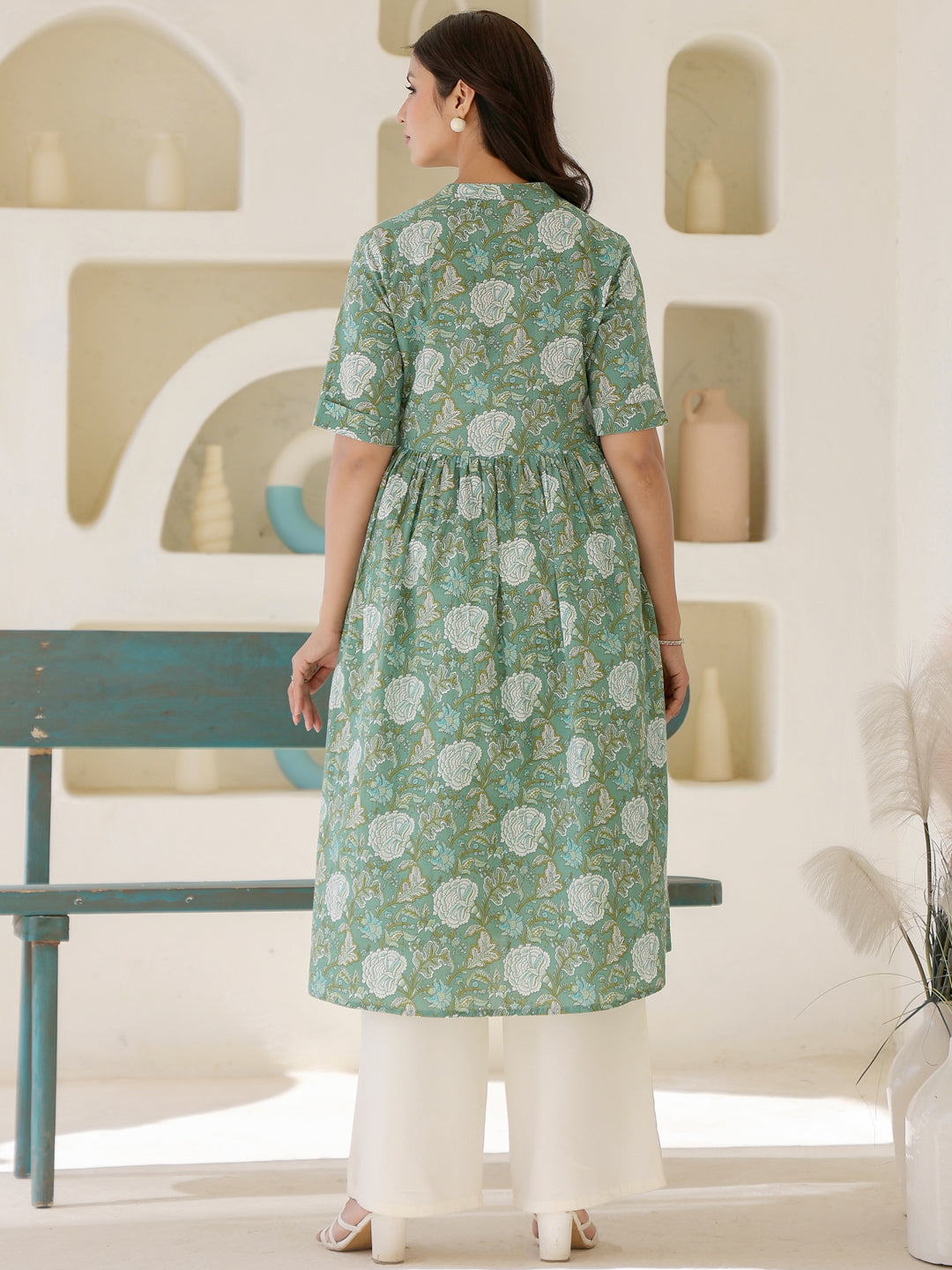 Janasya Dark Cotton Floral A-Line Kurta