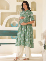 Thumbnail for Janasya Dark Cotton Floral A-Line Kurta