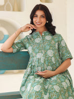 Thumbnail for Janasya Dark Cotton Floral A-Line Kurta