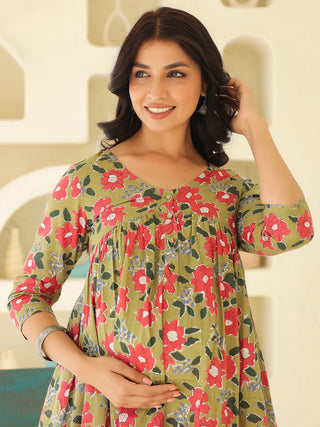 Janasya Dark Cotton Floral Gathered Kurta